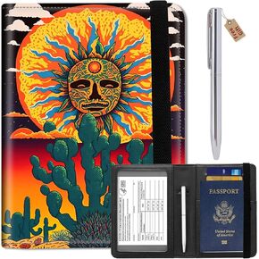 Passport Wallets and Vaccine Card Holder Slot,RFID Blocking Leather Passport Holder Book Cover Case with CDC Vaccination Card Slot,Travel Documents Organizer Protector+Metal Pen,Colorful Dinosaur