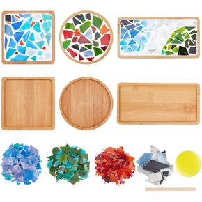 WEBEEDY 3 Set DIY Mosaic Coaster Kit Mosaic Tiles for Crafts, Glass Mixed Color Mosaic Kits with Bamboo Coaster for Adults Household Decoration Birthday Gift(Flower/Square/Round)