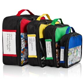 Premium Toy Storage Bags Compatible with LEGO Bricks - Set of 4 Bags With Labels, Handles & Pockets For Easy Organizing - Quality Bliss Bins for Keeping Puzzles & Board Games Stored with Ease