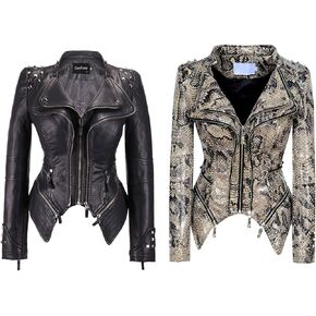 chouyatou Women's Fashion Studded Perfect Fit Faux Leather Moto Biker Jacket