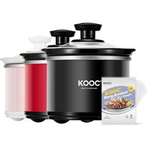 KOOC Small Slow Cooker, 0.65-Quart, Free Liners Included, Upgraded Ceramic Pot, Nutrient Loss Reduction, Sauces, Stews & Dips, Stainless Steel, Red, Round