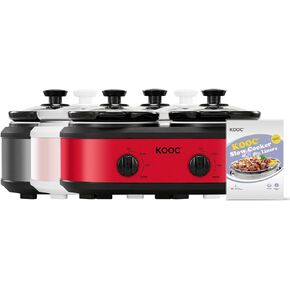 KOOC Double Small Slow Cooker, Buffet Server and Warmer, 2 Mini Pots with 3 Individual Adjustable Temp, Dual Ceramic Pots, Free Liners for Easy Clean-up, Stainless Steel, Total 2.5 Quarts, Grey, Round