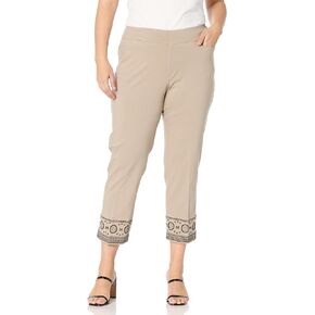 SLIM-SATION Women's Plus Size Pull on Embroidered Hem Ankle Pant with Real Front and Back Pockets