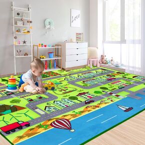 Large Kids Carpet Play Mat Rug for Playroom, 48'' x 71'’ Car Rugs Mat for Kids Toy Cars, City Life with Road Traffic Playmat Rugs Great for Kids Bedroom Play Room Boy Room Decor, Green