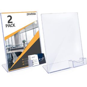 Zavekia حامل لافتة أكريليك مقاس 8.5 × 11 مع حامل بطاقة عمل، وحامل عرض كتيب لسطح المكتب (8.5 × 11 بوصة/2 حزمة)