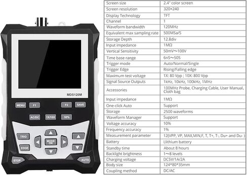 راسم الذبذبات الرقمي بروستر راسم الذبذبات المحمول معدل أخذ العينات 500 مللي ثانية/ثانية، راسم ذبذبات التخزين المحمول 2.4 بوصة شاشة LCD مع عرض النطاق الترددي الموجي 120 ميجا هرتز، يدعم تخزين الموجي 2500 in Kuwait