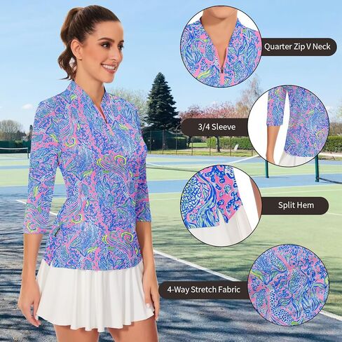 Soneven قمصان بولو نسائية 3/4 كم بأكمام طويلة، قمصان جولف رياضية بدون ياقة، قمصان تنس 3/4 كم in Kuwait