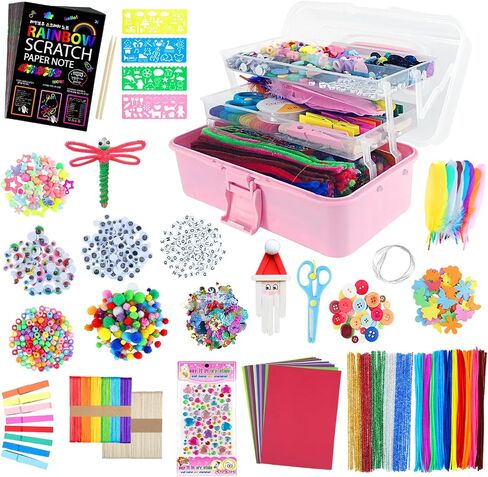 VOLINFO 1600 Pcs Arts and Crafts Supplies for Kids Girls 4 5 6 7 8 9 10 11 & 12- Toddler DIY Craft Box Art Supply Set Included Pipe Cleaners, Pom Poms, Feather, Folding Storage Box in Saudi Arabia