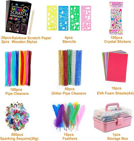 VOLINFO 1600 Pcs Arts and Crafts Supplies for Kids Girls 4 5 6 7 8 9 10 11 & 12- Toddler DIY Craft Box Art Supply Set Included Pipe Cleaners, Pom Poms, Feather, Folding Storage Box in Saudi Arabia