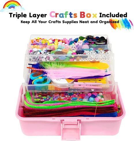 VOLINFO 1600 Pcs Arts and Crafts Supplies for Kids Girls 4 5 6 7 8 9 10 11 & 12- Toddler DIY Craft Box Art Supply Set Included Pipe Cleaners, Pom Poms, Feather, Folding Storage Box in Saudi Arabia