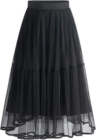Summer Elegant Pleated Solid Elastic Waist Tulle Patchwork Flare Women Midi Skirt in Saudi Arabia
