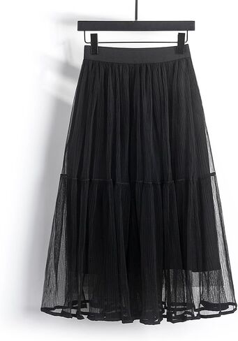 Summer Elegant Pleated Solid Elastic Waist Tulle Patchwork Flare Women Midi Skirt in Saudi Arabia