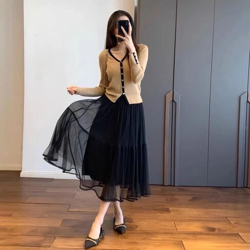 Summer Elegant Pleated Solid Elastic Waist Tulle Patchwork Flare Women Midi Skirt in Saudi Arabia