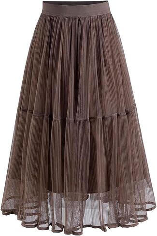 Summer Elegant Pleated Solid Elastic Waist Tulle Patchwork Flare Women Midi Skirt in Saudi Arabia