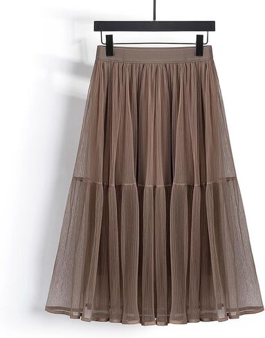 Summer Elegant Pleated Solid Elastic Waist Tulle Patchwork Flare Women Midi Skirt in Saudi Arabia