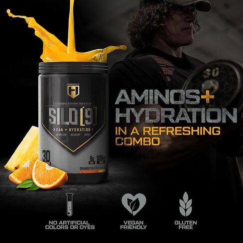 HOSSTILE SILO[9] الأحماض الأمينية الأساسية، مسحوق EAA وBCAA، دعم ترطيب الإلكتروليت، تعزيز تعافي العضلات، بناء العضلات الخالية من الدهون، مشروب قبل أو بعد التمرين، أناناس برتقالي، 30 حصة in Kuwait