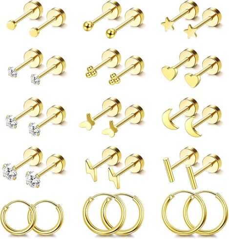 Jstyle Hypoallergenic Surgical Steel Earrings for Sensitive Ears 14K Gold Flat Back Stud Earrings for Women Men Small Stainless Steel Stud Hoop Screw Back Cartilage Earring Set for Multiple Piercing in Saudi Arabia