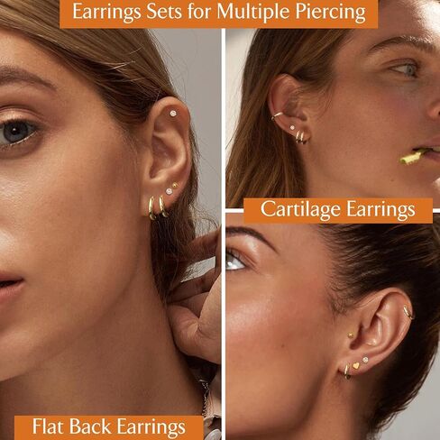Jstyle Hypoallergenic Surgical Steel Earrings for Sensitive Ears 14K Gold Flat Back Stud Earrings for Women Men Small Stainless Steel Stud Hoop Screw Back Cartilage Earring Set for Multiple Piercing in Saudi Arabia