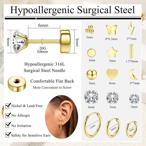 Jstyle Hypoallergenic Surgical Steel Earrings for Sensitive Ears 14K Gold Flat Back Stud Earrings for Women Men Small Stainless Steel Stud Hoop Screw Back Cartilage Earring Set for Multiple Piercing in Saudi Arabia