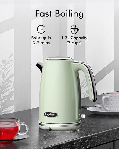 LONGDEEM Electric Kettle Stainless Steel 1.7L - 1500W Quick Boil, Retro Style, Auto Shut-Off, Boil Dry Protection with Filter & Water Gauge - Perfect for Tea, Hot Water, Green in Saudi Arabia
