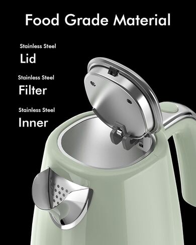 LONGDEEM Electric Kettle Stainless Steel 1.7L - 1500W Quick Boil, Retro Style, Auto Shut-Off, Boil Dry Protection with Filter & Water Gauge - Perfect for Tea, Hot Water, Green in Saudi Arabia