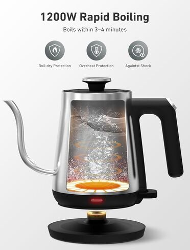 Gooseneck Electric Kettle, Coffee & Tea Pour Over Kettle, 1200W Water Boiler Kettle Rapid Boil for Boiling Water, Stainless Steel, Cordless, Automatic Shut Off, Boil Dry Protection, 0.6L/21oz, Silver in Saudi Arabia