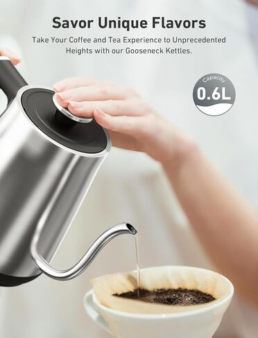 Gooseneck Electric Kettle, Coffee & Tea Pour Over Kettle, 1200W Water Boiler Kettle Rapid Boil for Boiling Water, Stainless Steel, Cordless, Automatic Shut Off, Boil Dry Protection, 0.6L/21oz, Silver in Saudi Arabia