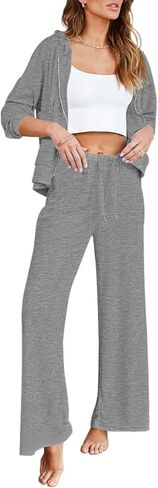 أطقم ملابس نسائية من Kisscynest مكونة من قطعتين مع قلنسوة وسحاب عالي الخصر وبنطلون بأرجل واسعة in Kuwait