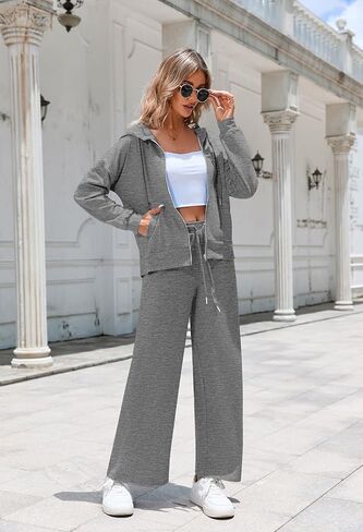 أطقم ملابس نسائية من Kisscynest مكونة من قطعتين مع قلنسوة وسحاب عالي الخصر وبنطلون بأرجل واسعة in Kuwait