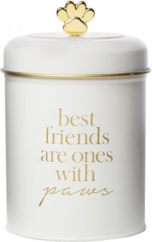 Amici Pet, , Stella Metal Treats Storage Canister, Cylindrical Shape with Gold Paw Shaped Knob, Food Safe, Push Top Lid, 64 Ounce Capacity in Kuwait