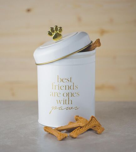 Amici Pet, , Stella Metal Treats Storage Canister, Cylindrical Shape with Gold Paw Shaped Knob, Food Safe, Push Top Lid, 64 Ounce Capacity in Kuwait