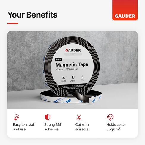 GAUDER Strong Magnetic Tape Self Adhesive (10 Feet Long x 0.5 Inch Wide) | Magnetic Strips with Adhesive Backing | Magnet Roll in Kuwait