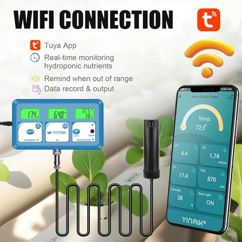 YINMIK EC PPM pH Monitor for Hydroponics Nutrients, WiFi pH PPM Tester for Plant Growers, Continuous Monitoring pH PPM EC Temp. of Indoor DWC Growing System, Hydro Reservoir Tank, Aeroponic Garden in Kuwait