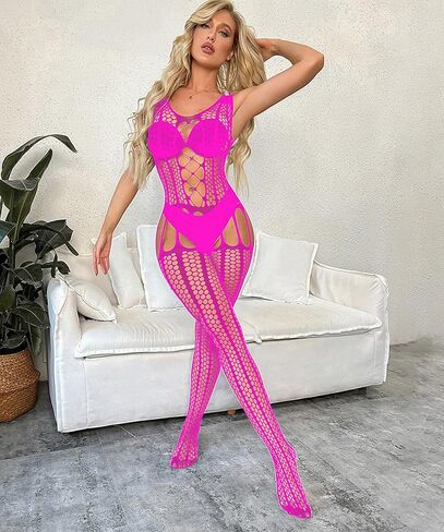 ملابس داخلية نسائية شبكية من WINROLA فستان بيبي دول قصير وردي ساخن من شبكة صيد السمك مقاس حر، قمصان شفافة باللون الوردي الساخن in Kuwait