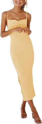 Umenlele Women's Sexy Cowl Neck Side Split Hem Ribbed Sleeveless Bodycon Party Midi Dress in Kuwait