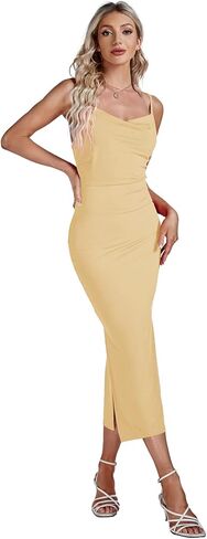 Umenlele Women's Sexy Cowl Neck Side Split Hem Ribbed Sleeveless Bodycon Party Midi Dress in Kuwait