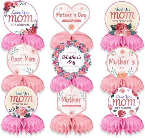 9 قطعة قطع مركزية لعيد الأم السعيدة وردية لطاولة عيد الأم أحب أمي قطع مركزية على شكل قرص العسل in Kuwait