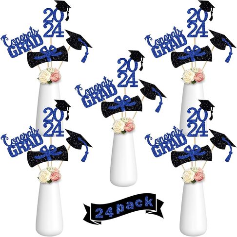 YUJUN 24 قطعة 2024 قطعة مركزية لحفلات التخرج باللون الأزرق لعصي الطاولات، 2024 Congrats Grad Table Toppers لتزيين طاولة حفلات التخرج لعام 2024 (أزرق) in Kuwait