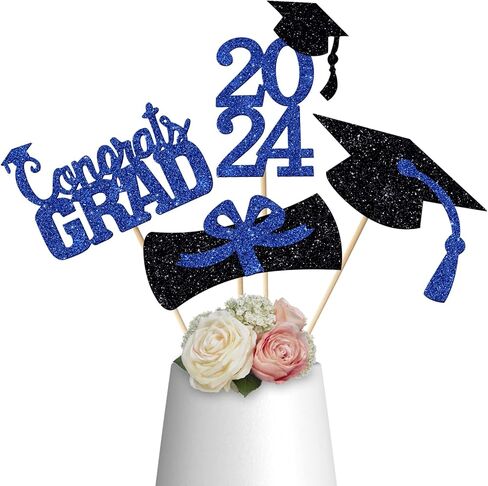 YUJUN 24 قطعة 2024 قطعة مركزية لحفلات التخرج باللون الأزرق لعصي الطاولات، 2024 Congrats Grad Table Toppers لتزيين طاولة حفلات التخرج لعام 2024 (أزرق) in Kuwait