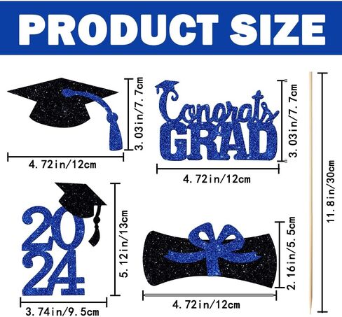 YUJUN 24 قطعة 2024 قطعة مركزية لحفلات التخرج باللون الأزرق لعصي الطاولات، 2024 Congrats Grad Table Toppers لتزيين طاولة حفلات التخرج لعام 2024 (أزرق) in Kuwait