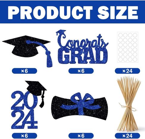 YUJUN 24 قطعة 2024 قطعة مركزية لحفلات التخرج باللون الأزرق لعصي الطاولات، 2024 Congrats Grad Table Toppers لتزيين طاولة حفلات التخرج لعام 2024 (أزرق) in Kuwait