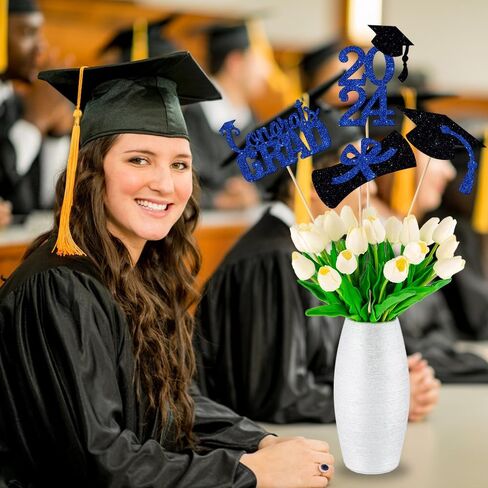YUJUN 24 قطعة 2024 قطعة مركزية لحفلات التخرج باللون الأزرق لعصي الطاولات، 2024 Congrats Grad Table Toppers لتزيين طاولة حفلات التخرج لعام 2024 (أزرق) in Kuwait
