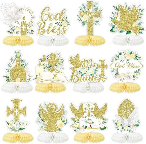 12Pcs Baptism Honeycomb Centerpieces Party Decor,Pink God Bless Cross Religious Baptism Table Centerpieces for Baby Shower First Communion Birthday Party Decorations (pink god) in Kuwait