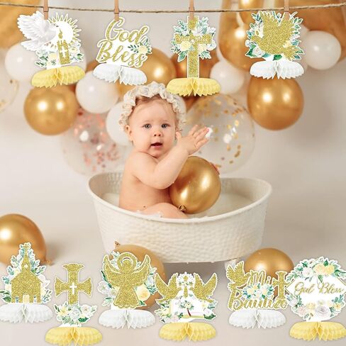 12Pcs Baptism Honeycomb Centerpieces Party Decor,Pink God Bless Cross Religious Baptism Table Centerpieces for Baby Shower First Communion Birthday Party Decorations (pink god) in Kuwait