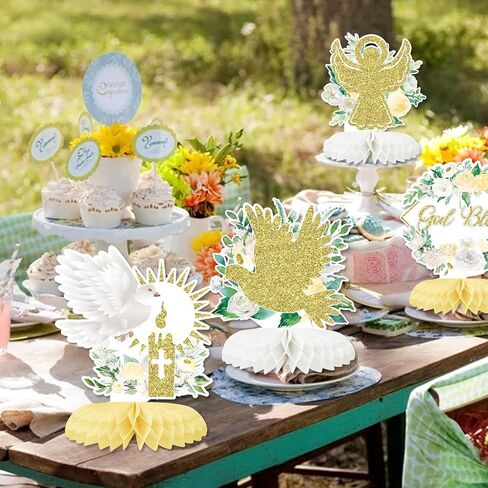 12Pcs Baptism Honeycomb Centerpieces Party Decor,Pink God Bless Cross Religious Baptism Table Centerpieces for Baby Shower First Communion Birthday Party Decorations (pink god) in Kuwait