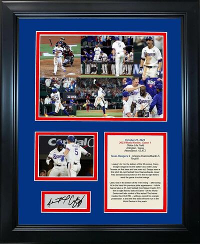 لعبة تكساس رينجرز 2023 العالمية المؤطرة 1 Corey Seager & Adolis Garcia Home Runs فاكس منقوش بالليزر بتوقيع تلقائي 11 بوصة × 14 بوصة صورة بيسبول Sig Collage in Saudi Arabia