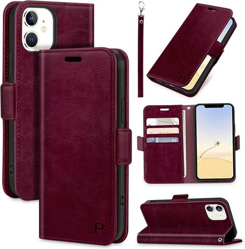Bizzib for iPhone 11 Case Leather Wallet with Card Holder[ RFID Blocking] 360 Full Shockproof Protection Magnetic Closure Phone Cover with Card Slots and Strap for iPhone 11 6.1in-Burgundy in Saudi Arabia