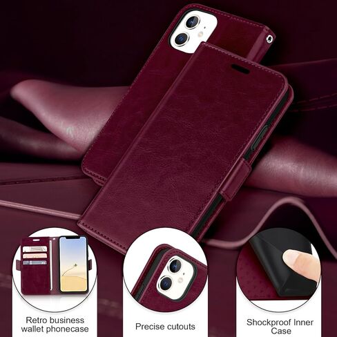 Bizzib for iPhone 11 Case Leather Wallet with Card Holder[ RFID Blocking] 360 Full Shockproof Protection Magnetic Closure Phone Cover with Card Slots and Strap for iPhone 11 6.1in-Burgundy in Saudi Arabia