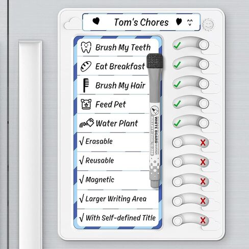 WQYWWLFR Chore Chart for Kids Dry Erase Board ADHD Tools for Kids to Do List Checklist Task Board Routine Chart Planning Board for Fridge with 10 Sliders and Magnetic Marker, White and Blue, 1 Pack in Saudi Arabia