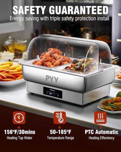 PYY Electric Chafing Dishes for Buffet 10 QT - Roll Top Electric Chafing Dish with Temperature Control Display, Fancy Chafing Dish Buffet Set with Half Size Pans for Catering, Parties and Restaurants in Kuwait